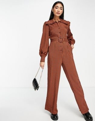 Lola May ruffle collar belted jumpsuit in brown gingham - Discount