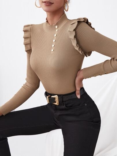 SHEIN Unity Ribbed Knit Ruffle Trim Jumper - Cheap ,