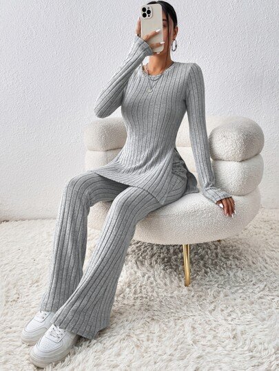 SHEIN Unity Split Hem Tee & Flare Leg Trousers - Cheap ,